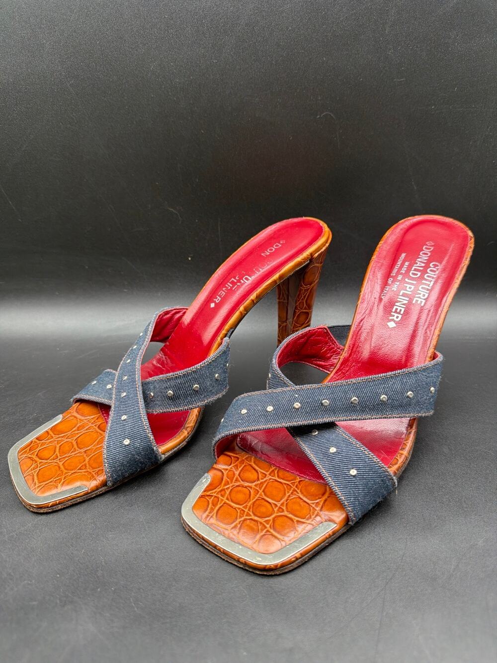Donald J Pliner Couture Denim Studded Mule Heels Embossed Leather Size 10 Italy